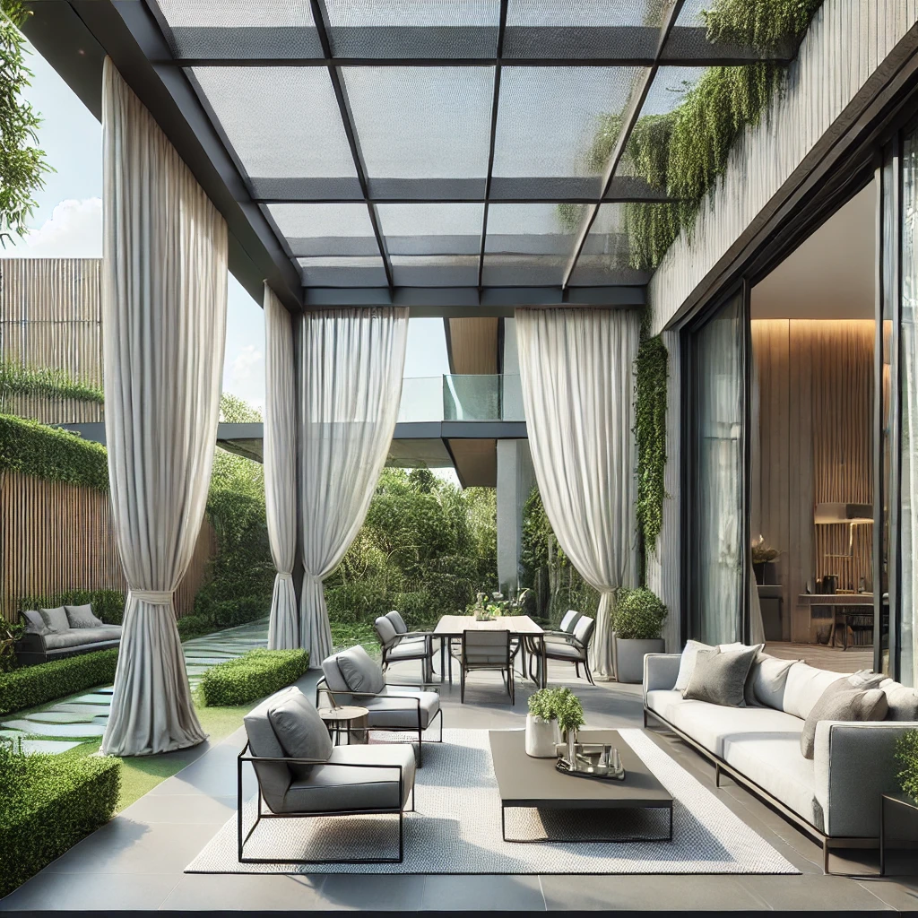 Porche de casa particular con techado de cristal y cortinas técnicas que aportan confort térmico y privacidad sin afectar a la iluminación